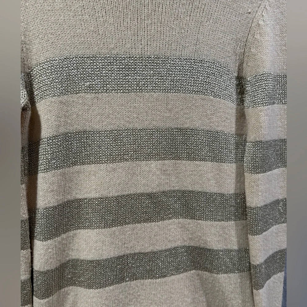Tory Burch Beige Metallic Striped Long Sleeve  Wool Camel Blend Sweater Size M